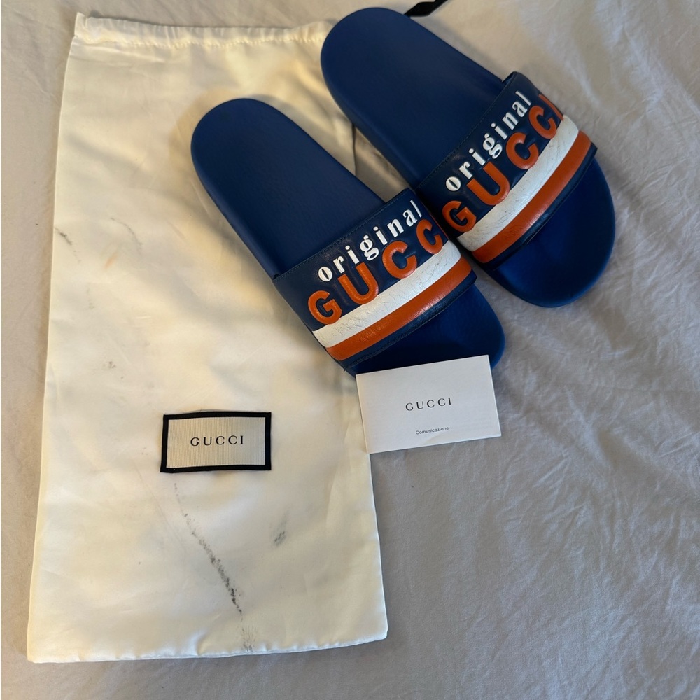 Original Gucci Blue Slides with Orange Stripe